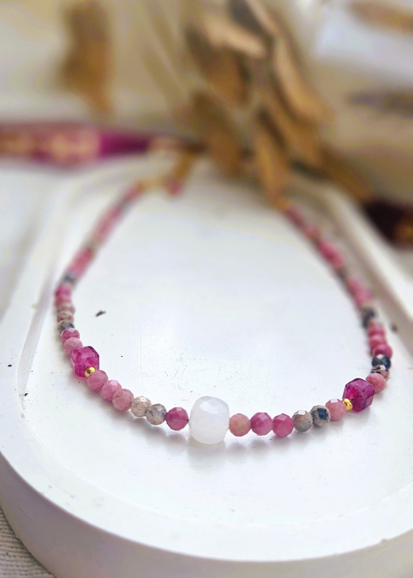 BOLA ROSA choker - rhodonite, morganite, tourmaline, stainless steel, adjustable
