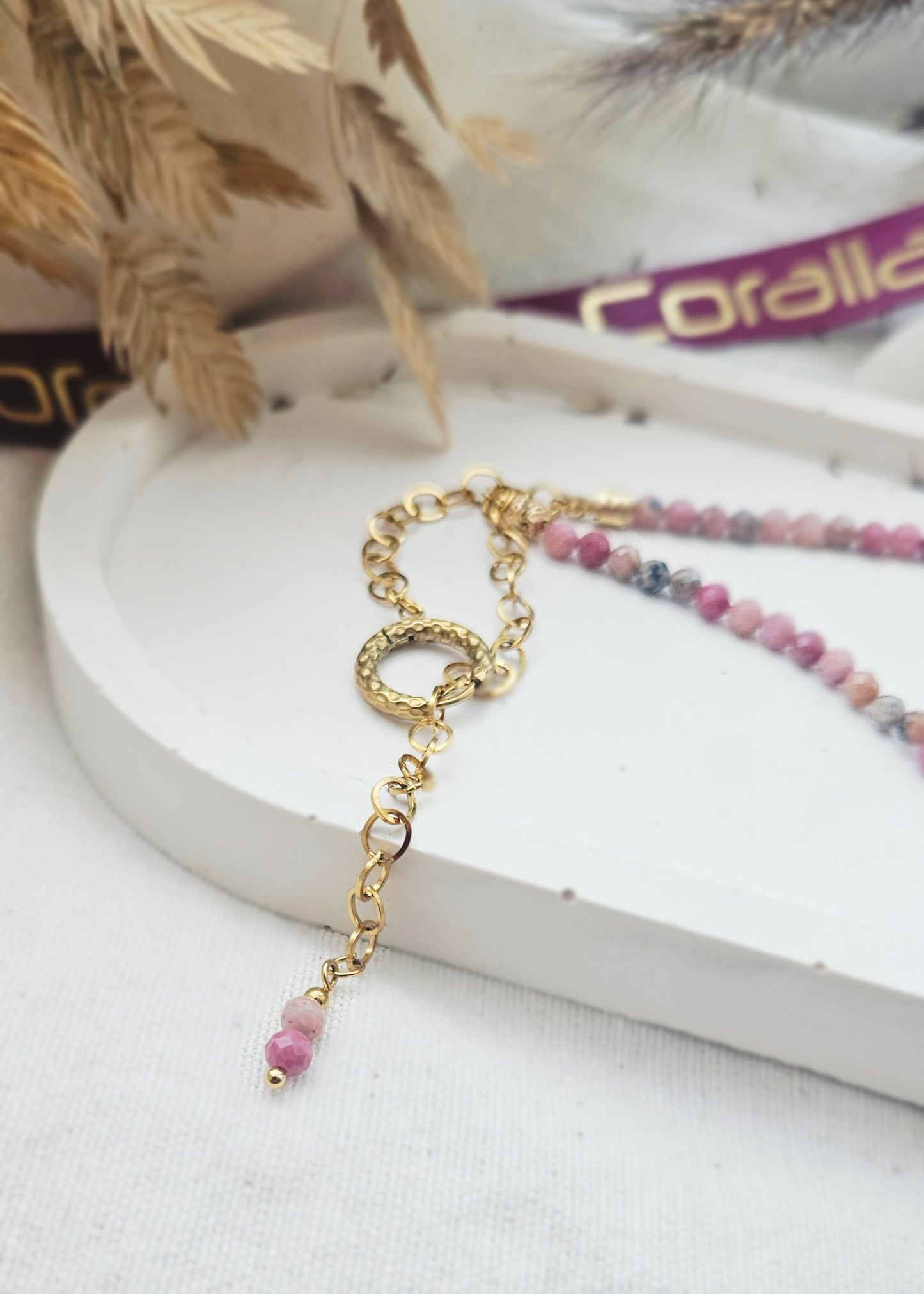 BOLA ROSA choker - rhodonite, morganite, tourmaline, stainless steel, adjustable