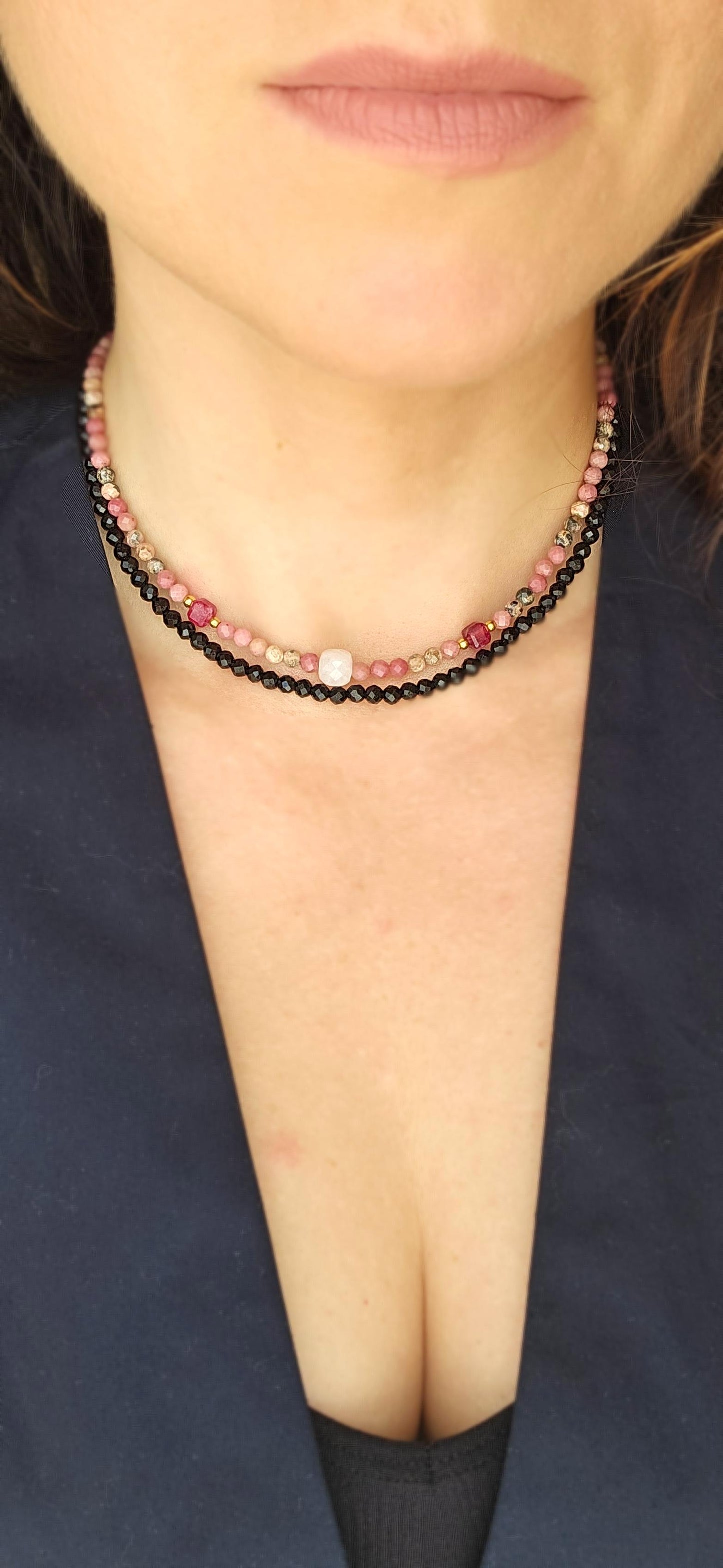 BOLA ROSA choker - rhodonite, morganite, tourmaline, stainless steel, adjustable