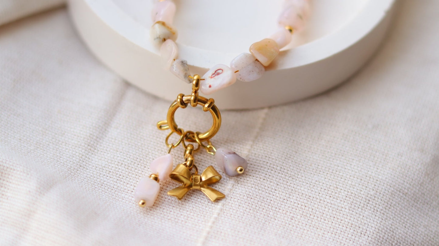 BOW pink opal stainless steel chokerNecklace