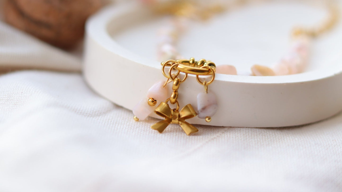 BOW pink opal stainless steel chokerNecklace