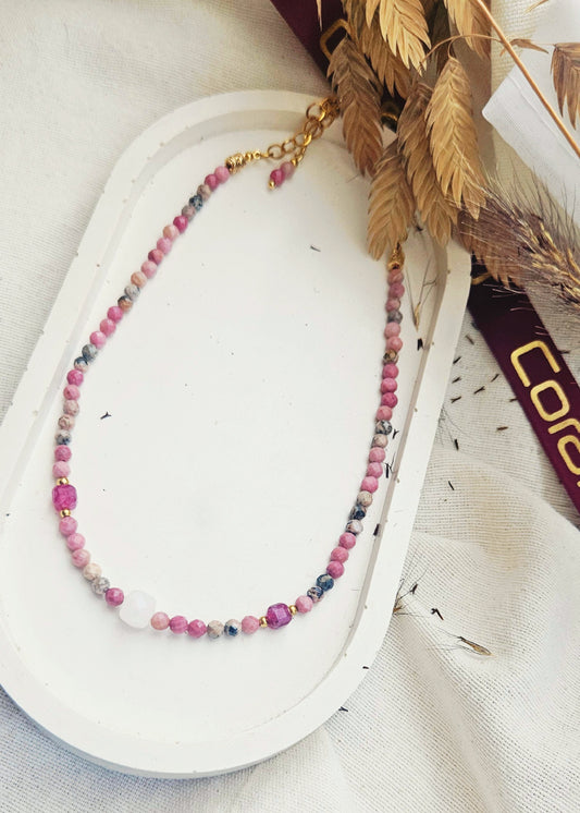 BOLA ROSA choker - rhodonite, morganite, tourmaline, stainless steel, adjustable