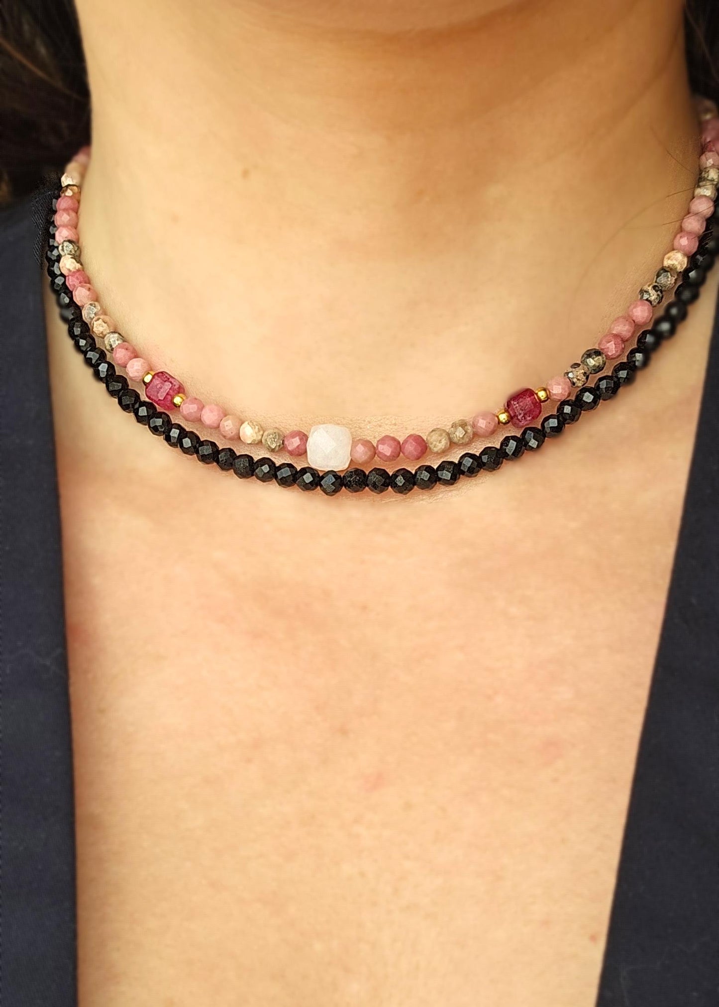 BOLA ROSA choker - rhodonite, morganite, tourmaline, stainless steel, adjustable