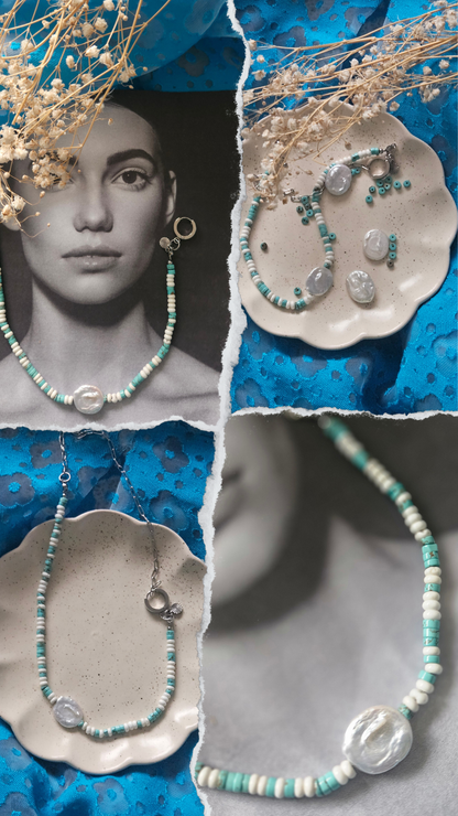CIELO turquoise stone beads with white howlite and silver stainless steel details choker 