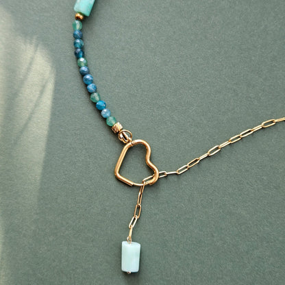 Green gemstone necklace featuring green aventurine, Australian chrysoprase , faceted apatite beads and a heart-shaped stainless steel clasp.