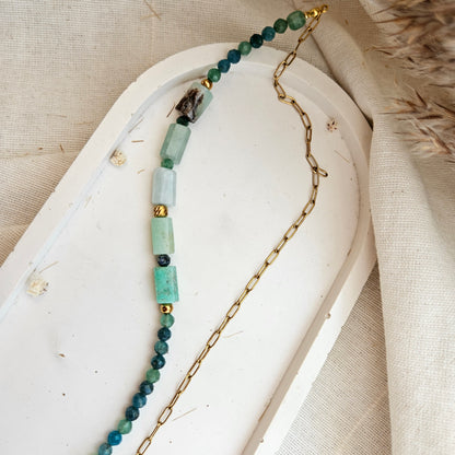 Green gemstone necklace featuring green aventurine, Australian chrysoprase , faceted apatite beads and a heart-shaped stainless steel clasp.