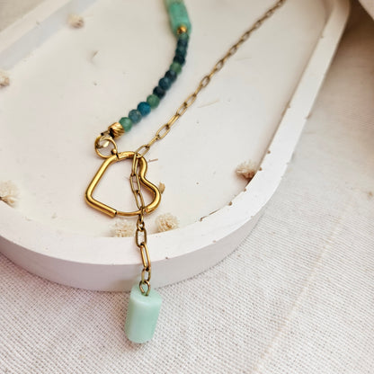 Green gemstone necklace featuring green aventurine, Australian chrysoprase , faceted apatite beads and a heart-shaped stainless steel clasp.