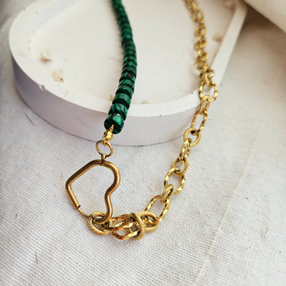 Green malachite bead necklace combined with a chunky silver stainless steel chain and a heart-shaped clasp.