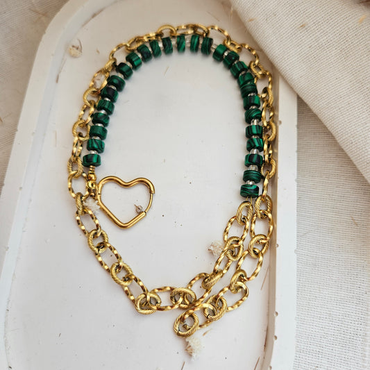 Green malachite bead necklace combined with a chunky silver stainless steel chain and a heart-shaped clasp.