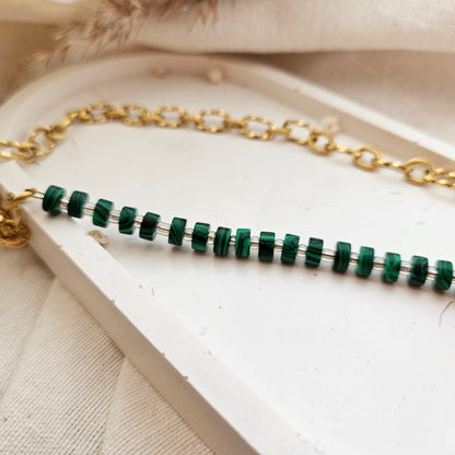 Green malachite bead necklace combined with a chunky silver stainless steel chain and a heart-shaped clasp.