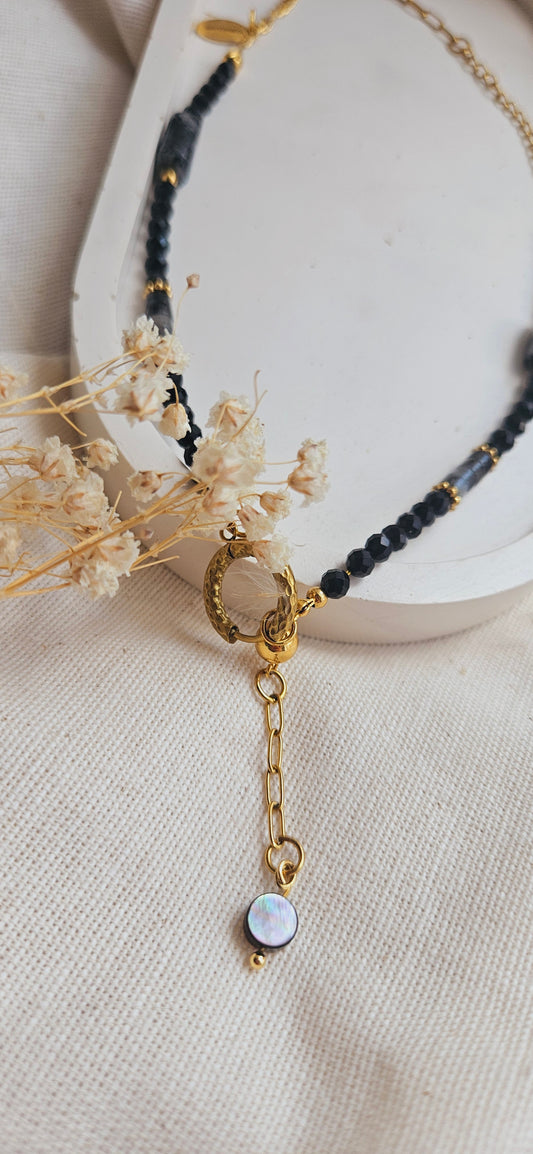 MIDNIGHT CHOKER - black tourmaline, black rutile, stainless steel, handmade