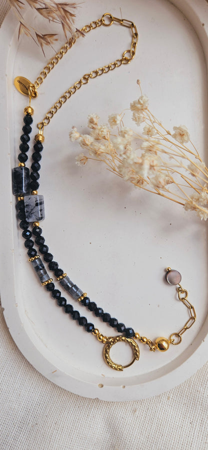 MIDNIGHT CHOKER - black tourmaline, black rutile, stainless steel, handmade