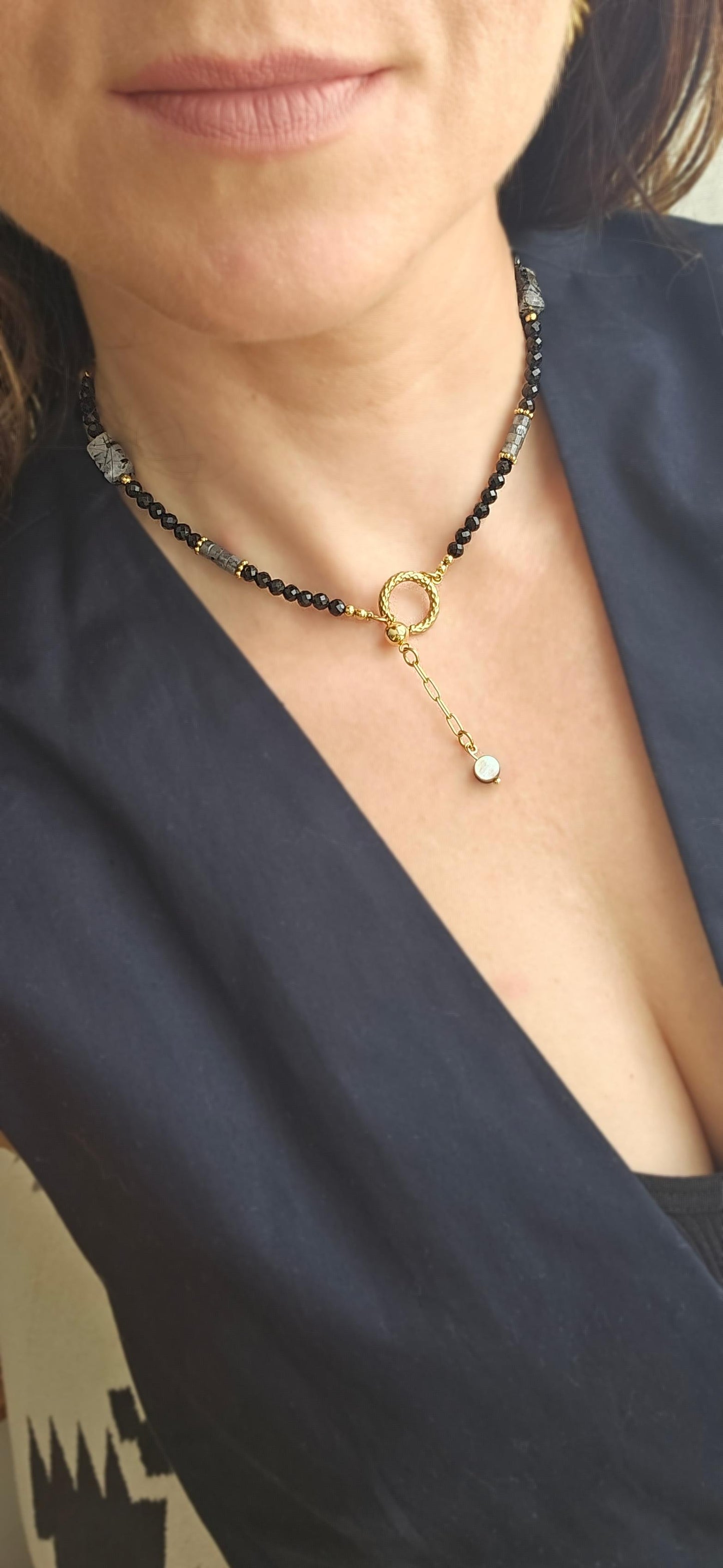 MIDNIGHT CHOKER - black tourmaline, black rutile, stainless steel, handmade