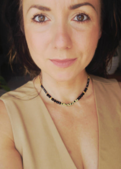 ALEGRÍA choker - Adjustable, stainless steel, jasper, tourmaline, black