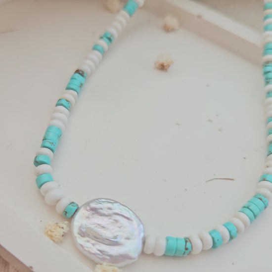 CIELO turquoise stone beads with white howlite and silver stainless steel details choker